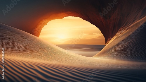 Captivating sandstone arch framing the setting sun casting a warm glow over the vast minimalist desert landscape of dunes and rocky formations  Dramatic serene and atmospheric natural scene