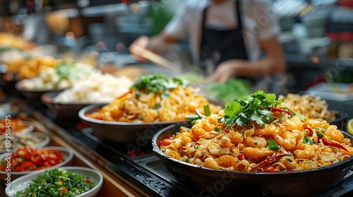 Vibrant Street Food Market Scene Featuring a Chef Skillfully Preparing Traditional Spicy Noodle Dishes, Perfect for Showcasing Culinary Culture and Gastronomic Experiences in Various Media