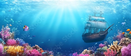 Enchanting Underwater Seascape with Sunken Ship and Vibrant Coral Reef  Explore the mysterious depths of the ocean where a sunken vessel rests amidst a colorful thriving marine ecosystem