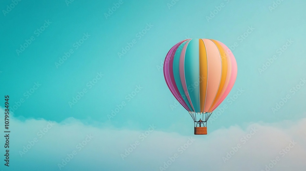 Fototapeta premium Vibrant Multicolored Hot Air Balloon Floating Gracefully in the Serene Sky with Fluffy White Clouds Capturing the Essence of Adventure Travel and