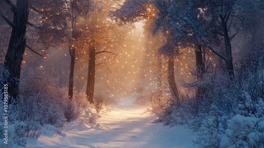Stunning winter scenery featuring a snowy forest illuminated by soft lights Stunning winter scenery featuring a snowy forest illuminated by soft lights