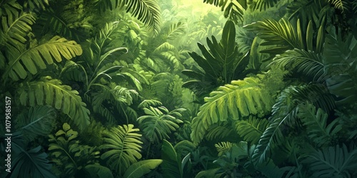 Fototapeta Naklejka Na Ścianę i Meble -  A fern filled tropical jungle with thick greenery, offering a sense of adventure and exploration,space for text