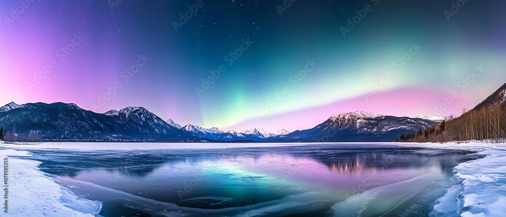 Fototapeta premium Breathtaking display of the aurora borealis or northern lights dancing and swirling across the night sky reflecting on the frozen surface of a tranquil mountain lake surrounded by snow capped peaks