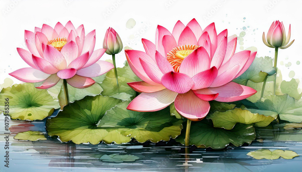 Beautiful pink lotus flowers bloom on serene water, surrounded by lush green leaves, creating a tranquil and vibrant scene. Beautiful pink lotus flowers bloom on serene water, surrounded by lush green leaves, creating a tranquil and vibrant scene.