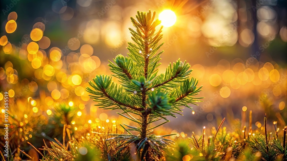 A young evergreen tree basks in the warm glow of a sunrise, its delicate needles glistening with morning dew, surrounded by a field of bokeh-like light emanating from the sun's rays. A young evergreen tree basks in the warm glow of a sunrise, its delicate needles glistening with morning dew, surrounded by a field of bokeh-like light emanating from the sun's rays.