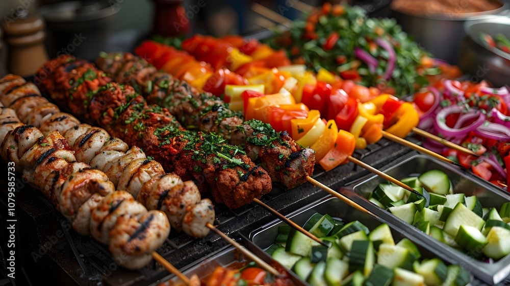 Sizzling Assortment of Marinated Grilled Skewers and Fresh Vegetables Perfect for Summer Barbecues and Outdoor Gatherings Sizzling Assortment of Marinated Grilled Skewers and Fresh Vegetables Perfect for Summer Barbecues and Outdoor Gatherings
