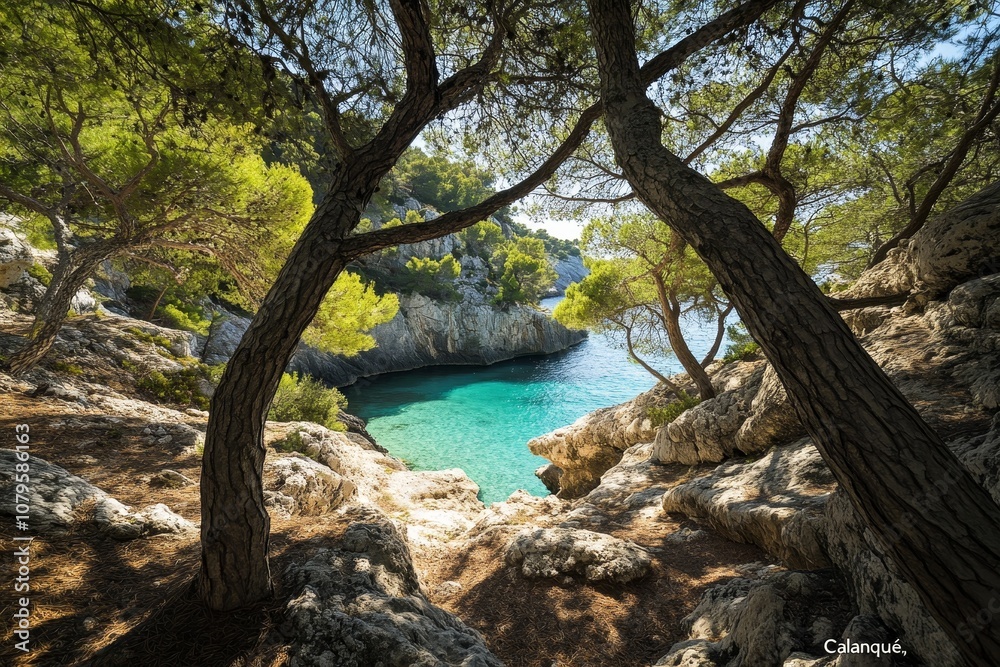 View of a turquoise lagoon through the branches of pine trees on a rocky coastline.
