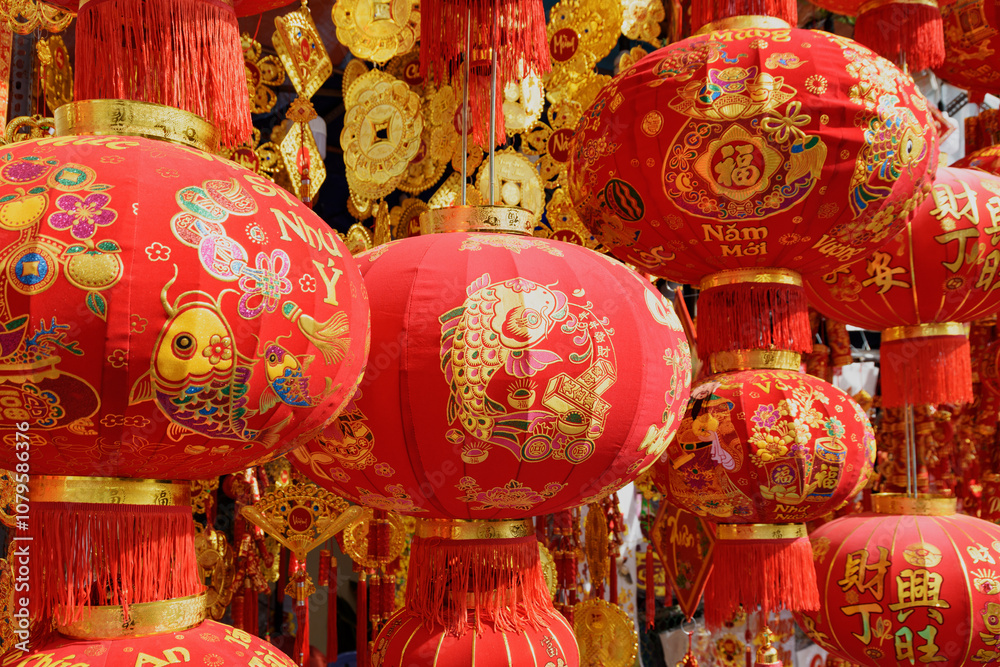 Fototapeta premium Closeup view of traditional red lanterns at New Year market