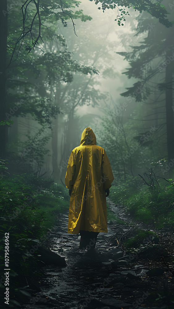 Person in Yellow Raincoat Walking in Misty Forest