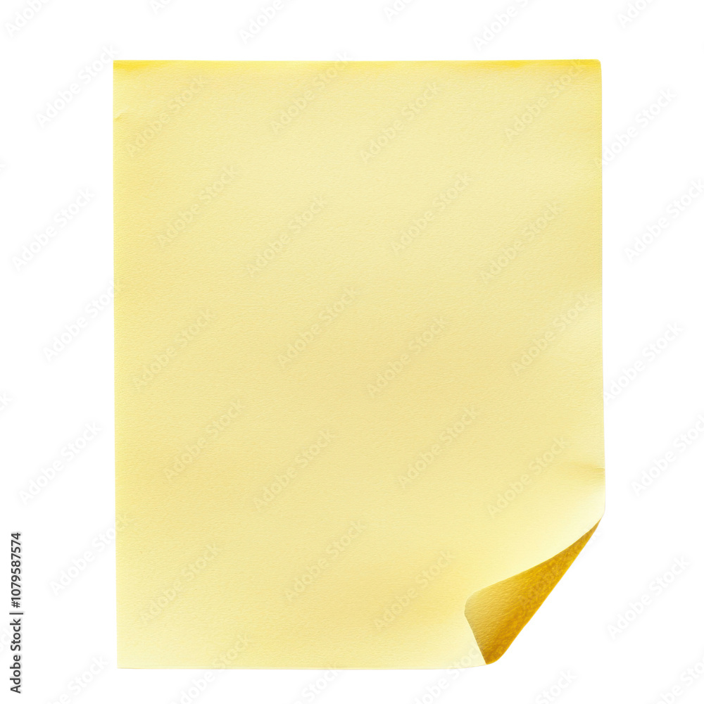 blank yellow sticky note with curled edge, perfect for jotting down reminders or messages. Its vibrant color adds cheerful touch to any workspace