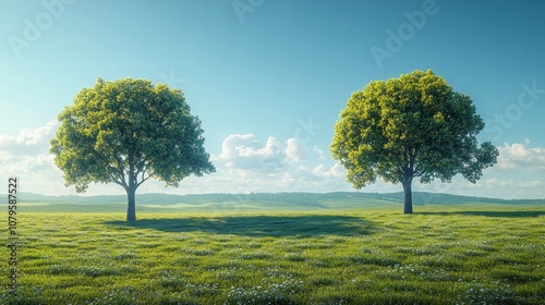 Two trees in a sunny field under a clear blue sky.