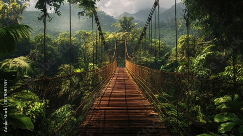 Suspended wooden bridge in lush mountains showcasing a vintage footbridge with a perspective view Depicts a vibrant jungle setting embodying themes of travel adventure and nature photo