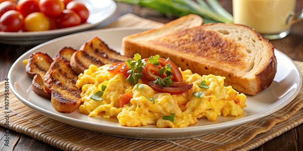 A simple breakfast of scrambled eggs with a touch of paprika, fresh herbs, and toasted bread served on a white plate A simple breakfast of scrambled eggs with a touch of paprika, fresh herbs, and toasted bread served on a white plate