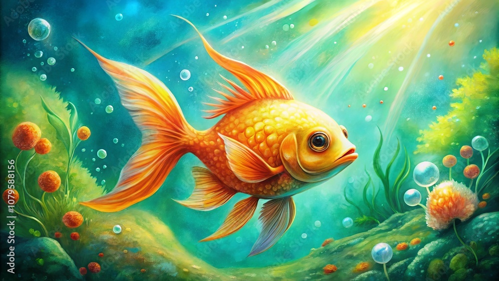 Naklejka premium A Golden Fish Swims Through an Ethereal Underwater World, Its Scales Shimmering with an Otherworldly Glow as It Navigates a Field of Bubbling, Bioluminescent Plants
