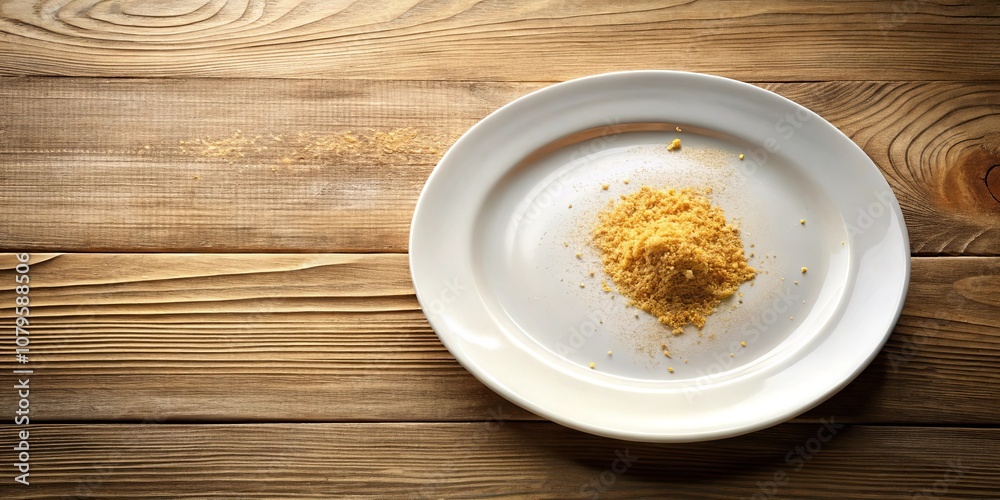 A single white plate with a small mound of yellow powder sits on a rustic wooden surface. A single white plate with a small mound of yellow powder sits on a rustic wooden surface.