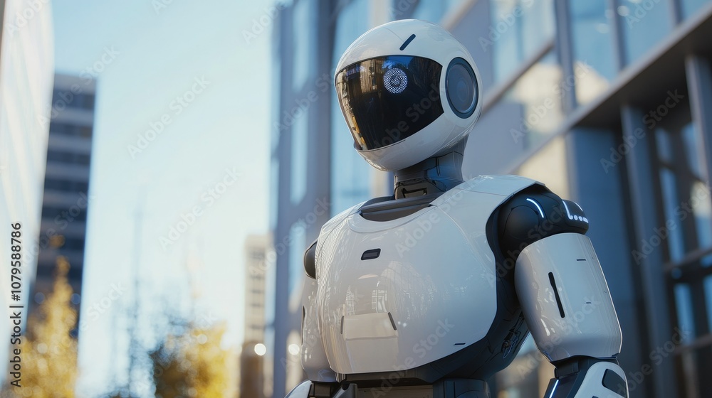 A humanoid robot stands in front of a modern city building, looking ahead with a blank expression. A humanoid robot stands in front of a modern city building, looking ahead with a blank expression.