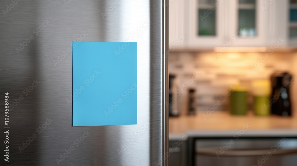 blank blue sticky note is attached to refrigerator door, adding pop of color to sleek stainless steel surface. This simple yet effective detail enhances kitchens modern aesthetic