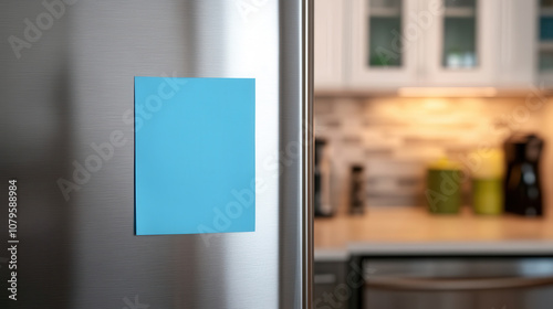 blank blue sticky note is attached to refrigerator door, adding pop of color to sleek stainless steel surface. This simple yet effective detail enhances kitchens modern aesthetic