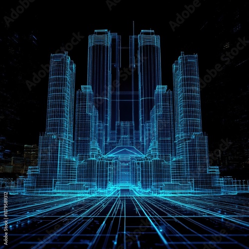 Futuristic Digital Cityscape in Neon Blue