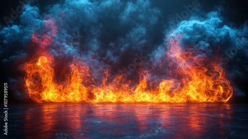 Fiery flames rising through blue smoke on a reflective surface.