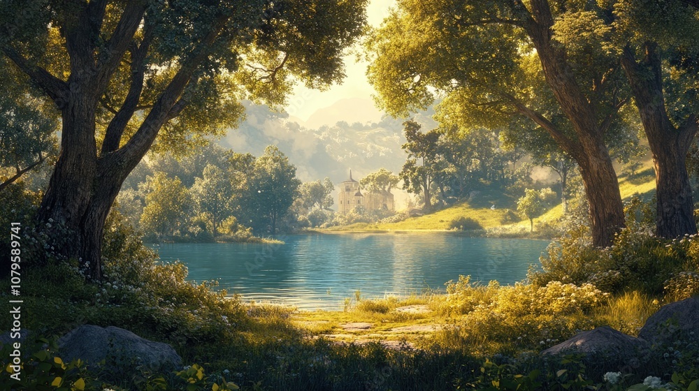 Tranquil landscape featuring grand trees a body of water and a distant building Tranquil landscape featuring grand trees a body of water and a distant building