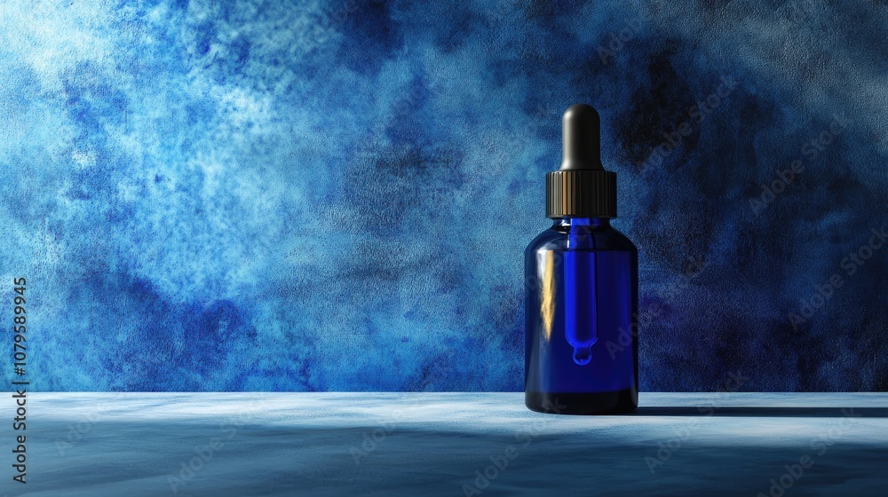 Serum dropper bottle mockup set against an abstract blue backdrop featuring intriguing light and shadow effects Serum dropper bottle mockup set against an abstract blue backdrop featuring intriguing light and shadow effects