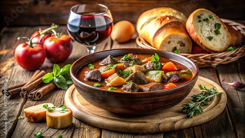 A Rustic Table Setting with a Hearty Bowl of Stew, Accompanied by Crusty Bread, Red Wine, and Herbs