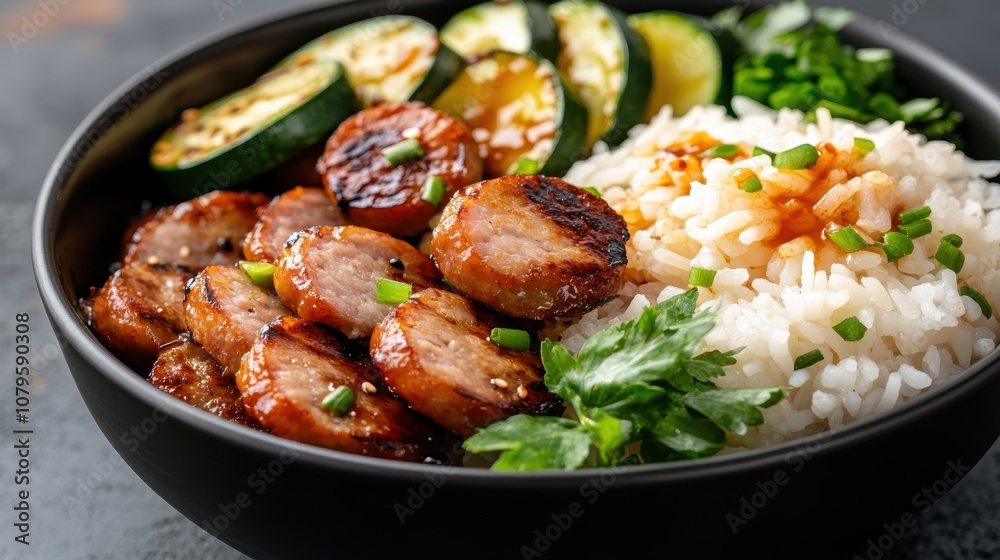 A satisfying dish featuring sliced sausage nestled alongside fluffy white rice and fresh greens, creating a perfect union of flavors and textures for delicious dining. A satisfying dish featuring sliced sausage nestled alongside fluffy white rice and fresh greens, creating a perfect union of flavors and textures for delicious dining.