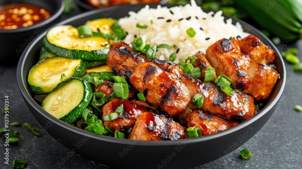 A perfectly grilled chicken bowl featuring fluffy rice, fresh slices of zucchini, topped with a rich glaze, offering a nutritious and well-balanced delightful dish. A perfectly grilled chicken bowl featuring fluffy rice, fresh slices of zucchini, topped with a rich glaze, offering a nutritious and well-balanced delightful dish.