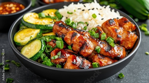 A perfectly grilled chicken bowl featuring fluffy rice, fresh slices of zucchini, topped with a rich glaze, offering a nutritious and well-balanced delightful dish.