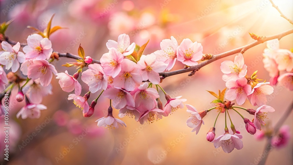 Delicate Pink Blossoms Illuminated by Warm Sunlight, Their Petals Softly Unfurling, Creating a Symphony of Springtime Charm Delicate Pink Blossoms Illuminated by Warm Sunlight, Their Petals Softly Unfurling, Creating a Symphony of Springtime Charm