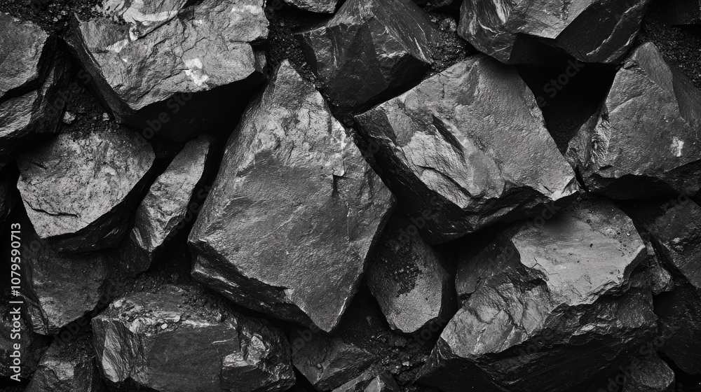Monochrome background featuring a textured surface of large stones and coal Monochrome background featuring a textured surface of large stones and coal