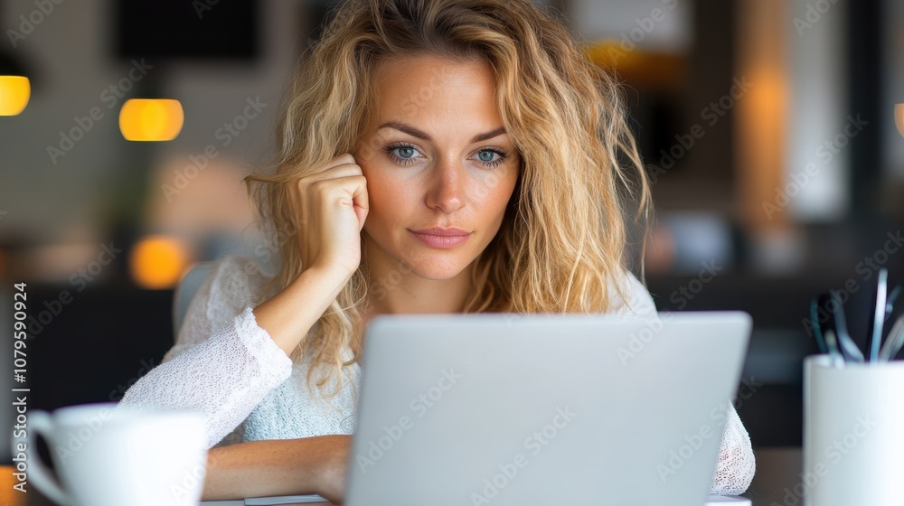 A woman with curly blonde hair attentively works on her laptop, set in a warmly lit environment with soft bokeh lights, creating a cozy atmosphere. A woman with curly blonde hair attentively works on her laptop, set in a warmly lit environment with soft bokeh lights, creating a cozy atmosphere.