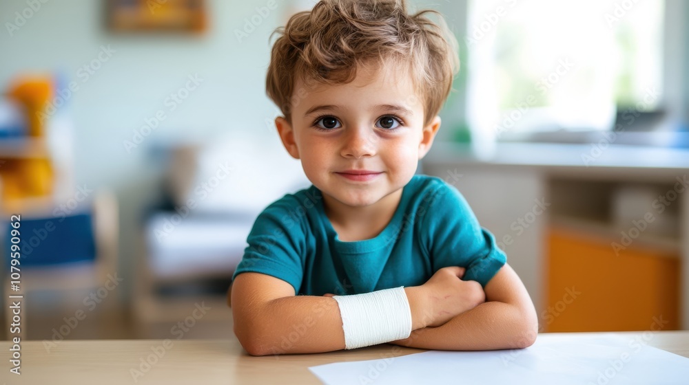 A cheerful young boy with curly hair and a bandaged arm sits at a table in a well-lit room, exuding happiness and resilience against adversity. A cheerful young boy with curly hair and a bandaged arm sits at a table in a well-lit room, exuding happiness and resilience against adversity.