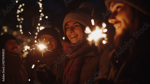 Friends in winter hats and scarves holding sparklers, outdoor celebration