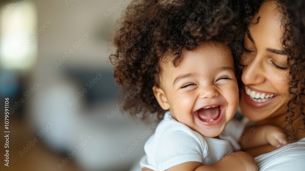 A heartwarming moment capturing a mother and her baby sharing a joyful embrace, both smiling with pure happiness, showcasing love and familial bonds. A heartwarming moment capturing a mother and her baby sharing a joyful embrace, both smiling with pure happiness, showcasing love and familial bonds.