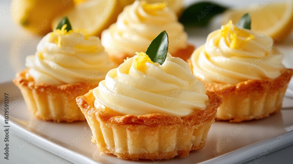 Four exquisite lemon tartlets with a crisp crust, adorned with creamy topping and garnished with lemon zest and fresh leaves. A visual and taste delight. Four exquisite lemon tartlets with a crisp crust, adorned with creamy topping and garnished with lemon zest and fresh leaves. A visual and taste delight.