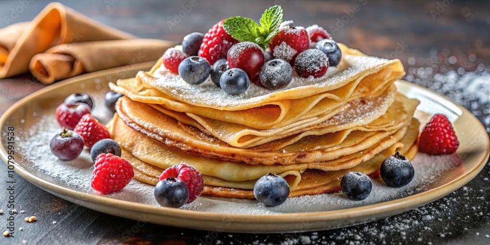 A delicate stack of golden pancakes adorned with a medley of fresh berries and a dusting of powdered sugar, a tempting treat for any occasion. A delicate stack of golden pancakes adorned with a medley of fresh berries and a dusting of powdered sugar, a tempting treat for any occasion.