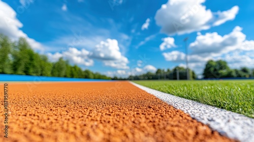 A picturesque running track extends forward with a vibrant blue sky above, representing freedom, limitless potential, and the boundless opportunities in athletics. photo