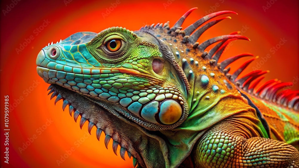 Fototapeta premium A vibrant lizard with scales of emerald, sapphire, and ruby, bathed in the glow of a warm sunset.