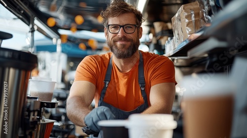 A bearded barista in an orange shirt, wearing gloves, expertly prepares coffee with a smile in a lively cafe filled with an array of coffee-making supplies. photo