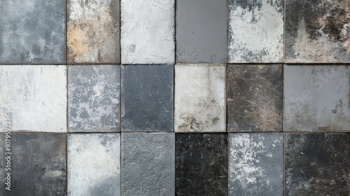 Vintage shabby patchwork motif tiles featuring old gray and grey stone concrete and cement textures for wallpaper or background use photo