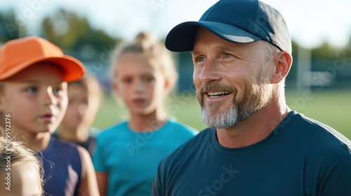Wallpaper Mural Smiling male coach in blue cap shares a light conversation with a group of children on a sunny day, creating a positive and engaging learning environment. Torontodigital.ca