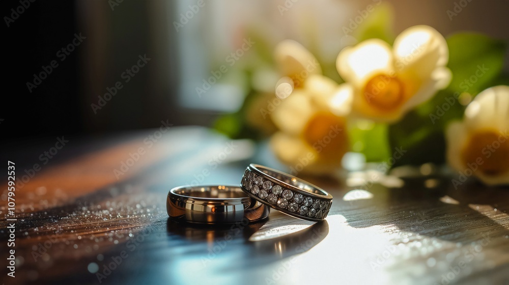 Wedding Rings on Wooden Table with Floral Bouquet Background, Two wedding rings nestled together on a rustic wooden table. A vibrant bouquet of flowers sits in the background. Wedding Rings on Wooden Table with Floral Bouquet Background, Two wedding rings nestled together on a rustic wooden table. A vibrant bouquet of flowers sits in the background.