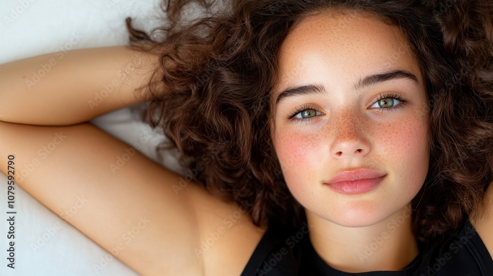 A freckle-faced girl with curly hair lies on a white bed, wearing a black top, reflecting a serene and peaceful atmosphere, ideal for lifestyle themes. A freckle-faced girl with curly hair lies on a white bed, wearing a black top, reflecting a serene and peaceful atmosphere, ideal for lifestyle themes.