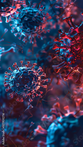 Microscopic View of Virus Particles in Blue and Red