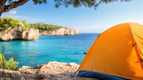 An inviting orange tent stands on the edge of a cliff, overlooking turquoise blue waters and distant cliffs. The image encapsulates a sense of adventure and peace.