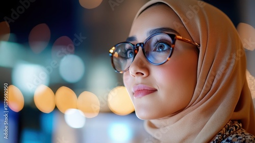 A thoughtful woman in a beige hijab and glasses gazes into the distance, representing hope and curiosity amidst a softly blurred, illuminated background. photo