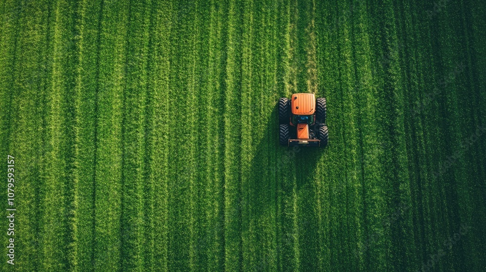 Aerial perspective of a freshly cut green grass field with a tractor completing the mowing process Aerial perspective of a freshly cut green grass field with a tractor completing the mowing process