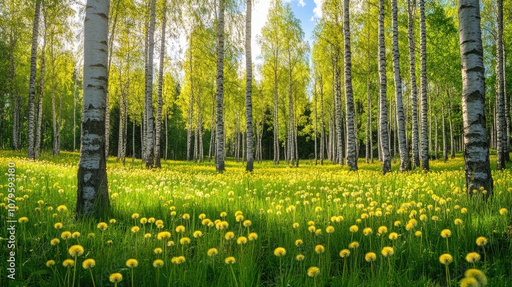 Obraz premium Luminous Spring Birch Forest with Vibrant Green Grass and Dandelions Serene Natural Scenery